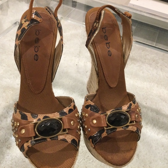 bebe Shoes - Bebe Tan Leather Platform Wedge Slingback Espadrille Sandal Multi Studs 9